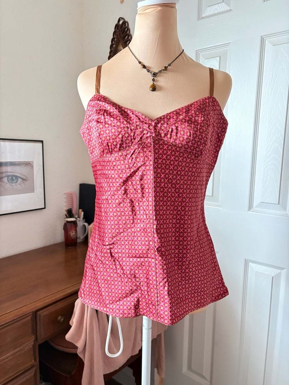 Y2K Early 2000s Express Design Studio Silk Cami Size M Pink Geometric Print Sati
